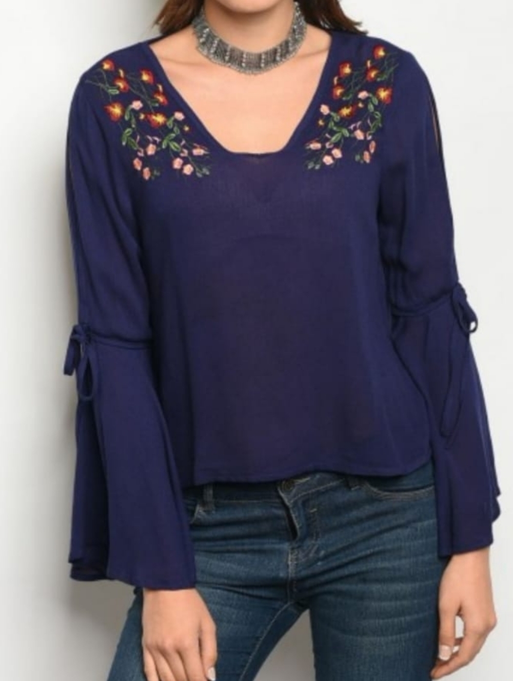 Embroidered Bell Sleeve Women's Top - Navy